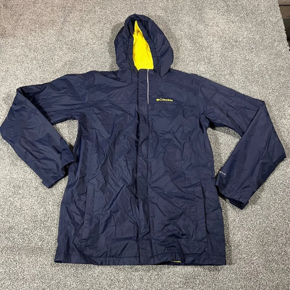 Columbia Omni-Tech Rain Jacket Navy Blue Yellow Boys XL 18/20 Waterproof Hooded